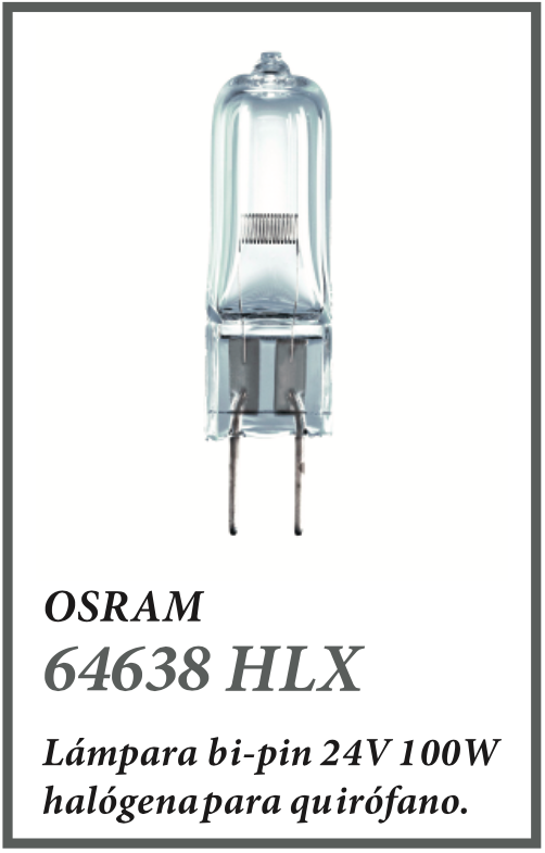 16. 64638 HLX. Osram. Lámpara bi-pin 24V 100W halógena para quirófano.